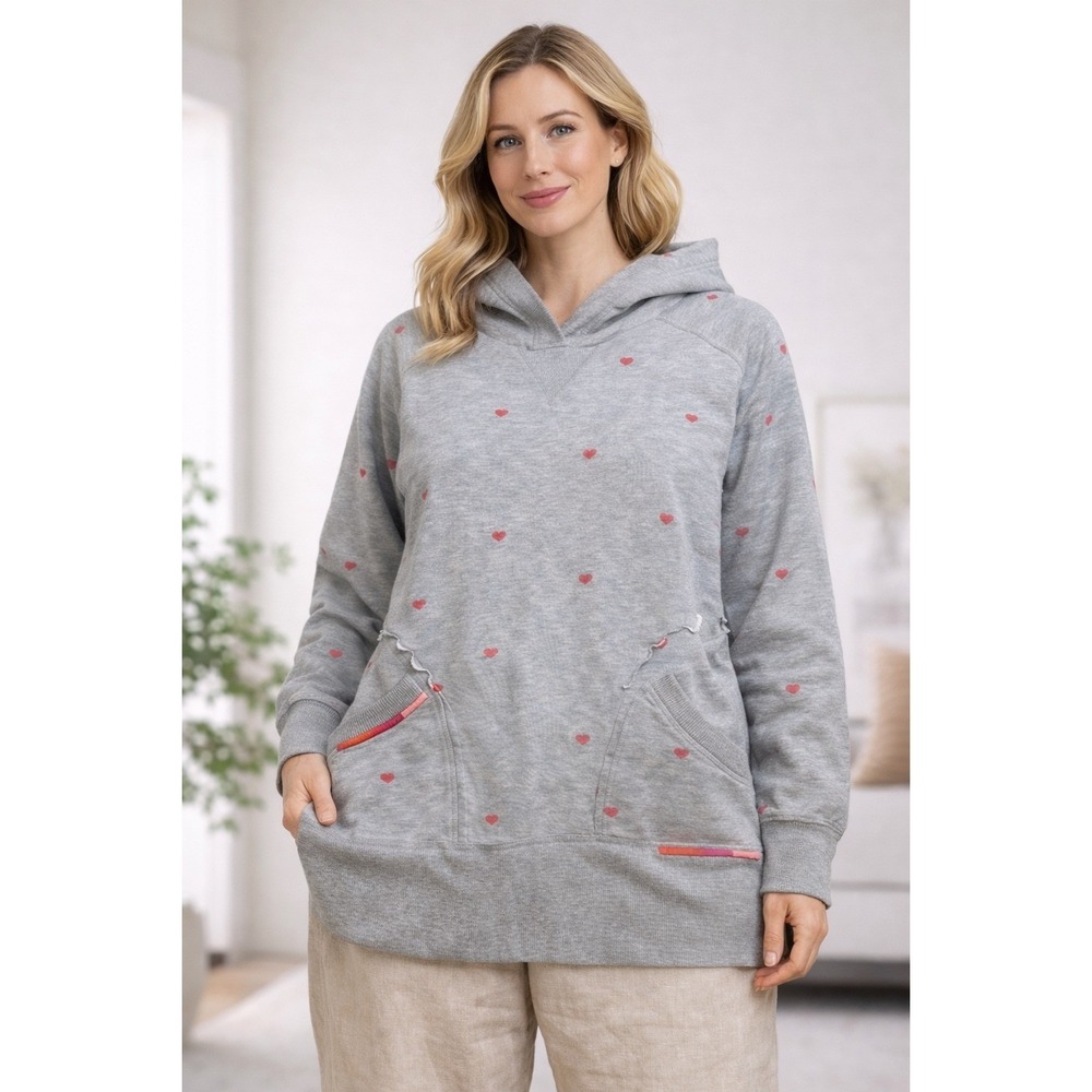 Sundance Gray Heart Print Hoodie Sweatshirt Women's Small Distressed Casual